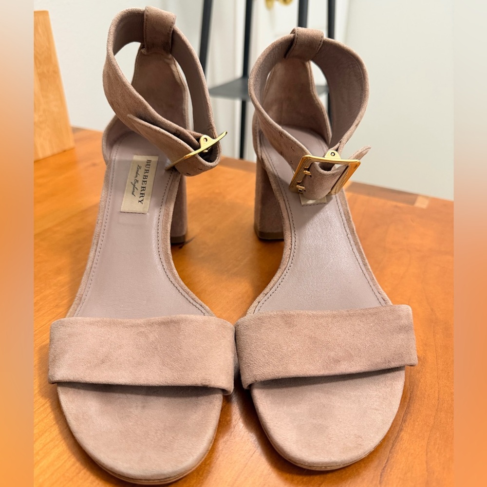 Burberry Taupe Suede Ankle-Strap Block Heel Sandals